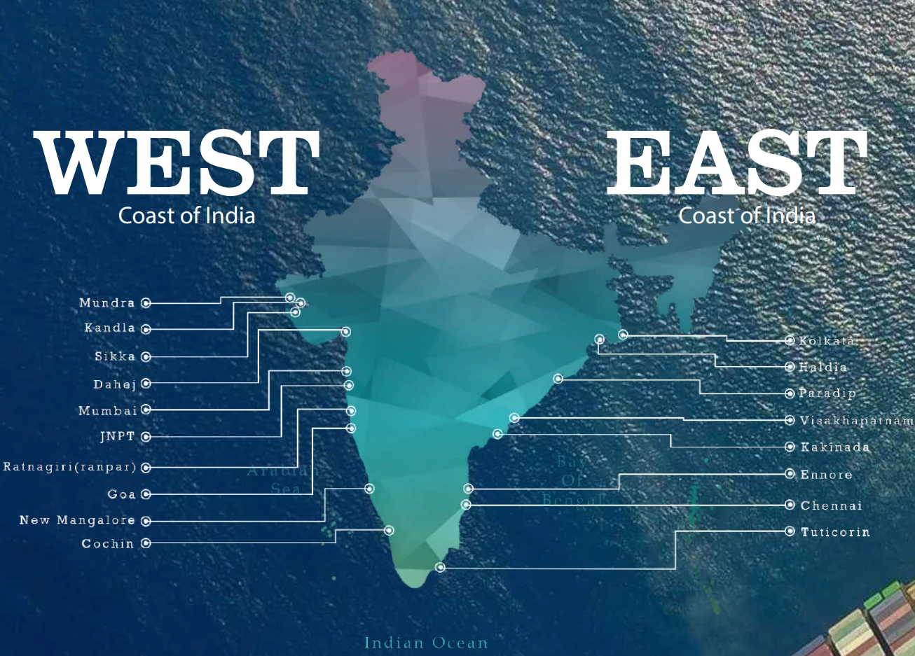 Map illustrating east and west coast port network in India